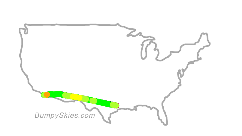 Map of continental US with illustrated flight path and turbulence forecast (described in text below)