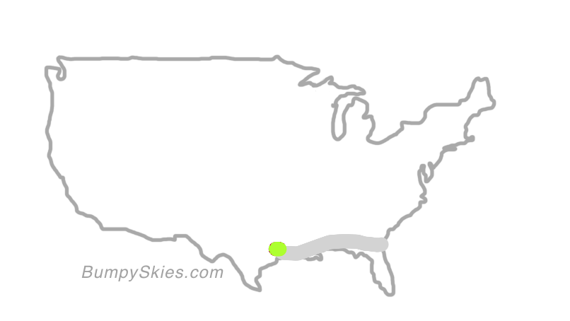Map of continental US with illustrated flight path and turbulence forecast (described in text below)