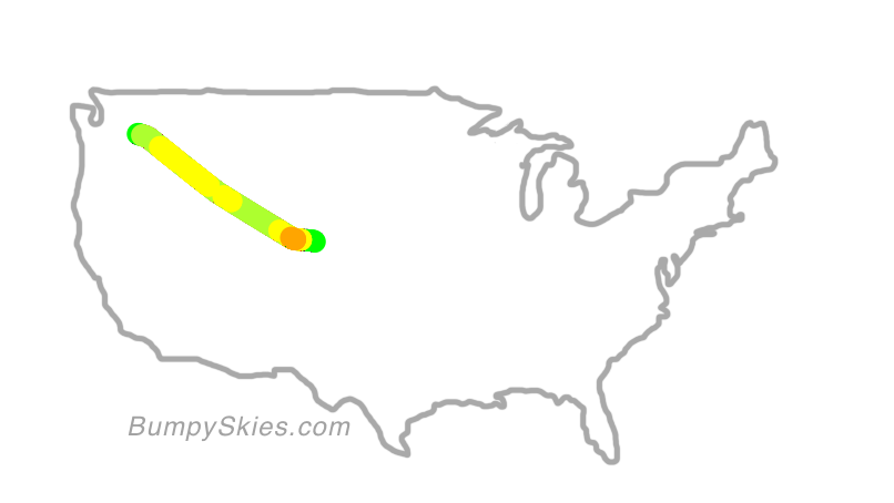 Map of continental US with illustrated flight path and turbulence forecast (described in text below)
