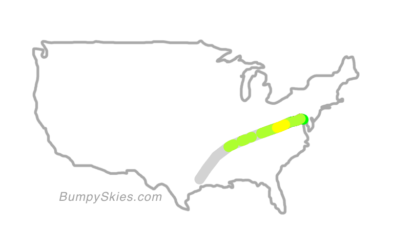 Map of continental US with illustrated flight path and turbulence forecast (described in text below)