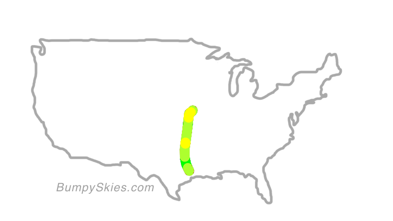 Map of continental US with illustrated flight path and turbulence forecast (described in text below)