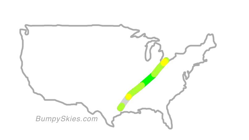 Map of continental US with illustrated flight path and turbulence forecast (described in text below)