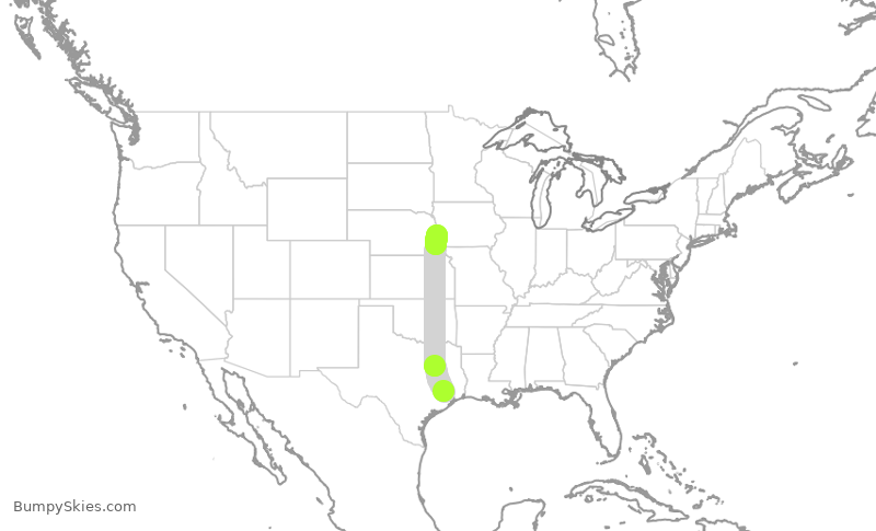 Turbulence forecast map for UAL1936, IAH to OMA
