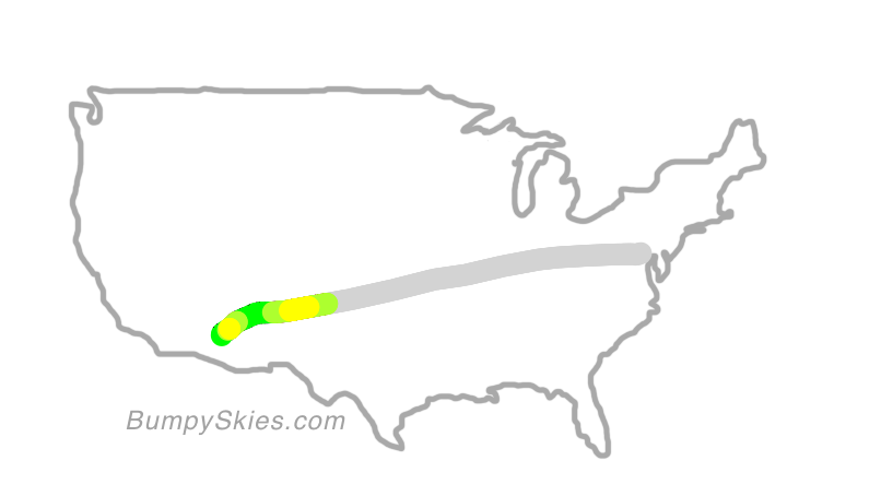 Map of continental US with illustrated flight path and turbulence forecast (described in text below)