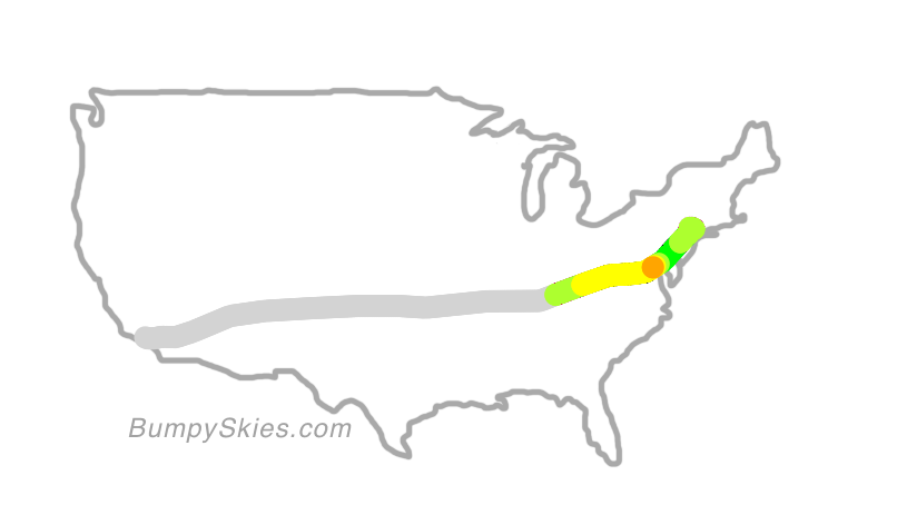 Map of continental US with illustrated flight path and turbulence forecast (described in text below)