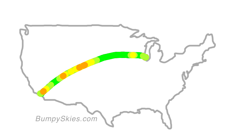 Map of continental US with illustrated flight path and turbulence forecast (described in text below)