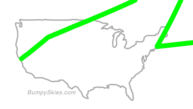 Map of continental US with illustrated flight path and turbulence forecast (described in text below)
