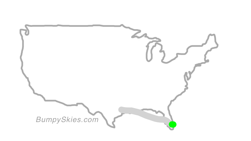 Map of continental US with illustrated flight path and turbulence forecast (described in text below)