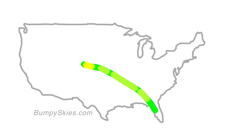 Map of continental US with illustrated flight path and turbulence forecast (described in text below)