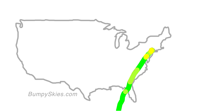 Map of continental US with illustrated flight path and turbulence forecast (described in text below)