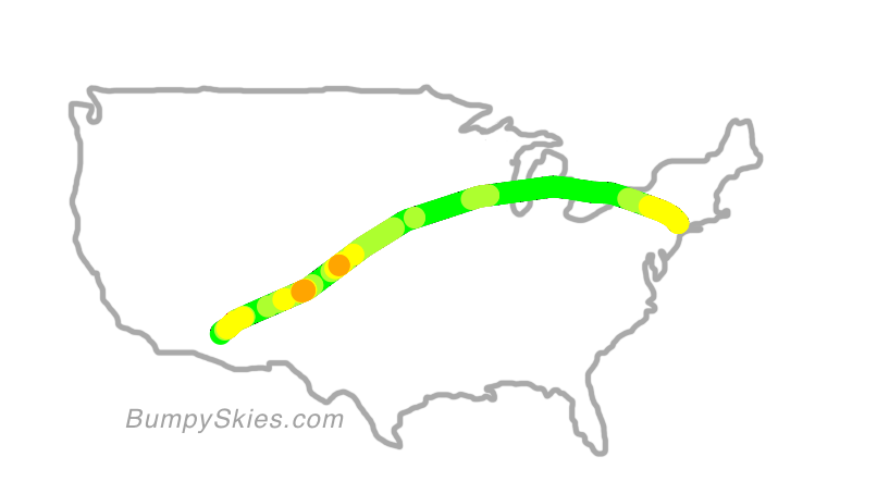 Map of continental US with illustrated flight path and turbulence forecast (described in text below)