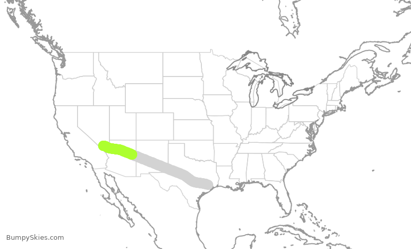 Map of continental US with illustrated flight path and turbulence forecast (described in text below)