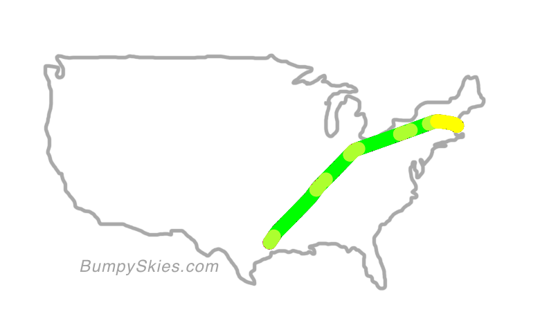 Map of continental US with illustrated flight path and turbulence forecast (described in text below)