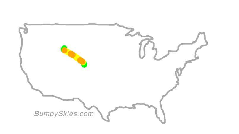 Map of continental US with illustrated flight path and turbulence forecast (described in text below)