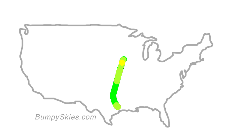 Map of continental US with illustrated flight path and turbulence forecast (described in text below)