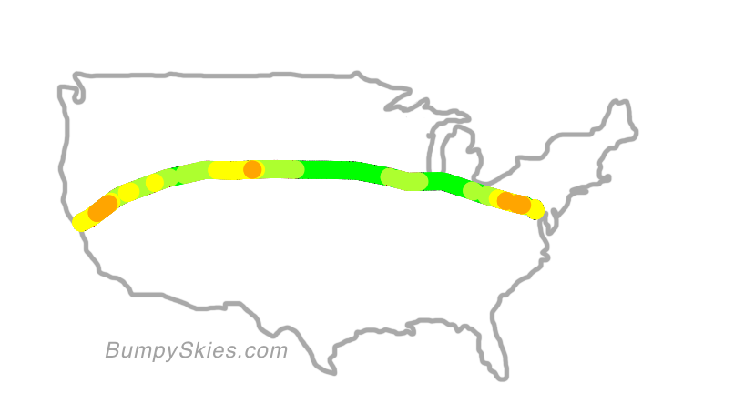 Map of continental US with illustrated flight path and turbulence forecast (described in text below)