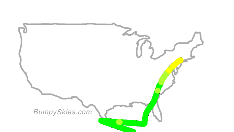 Map of continental US with illustrated flight path and turbulence forecast (described in text below)
