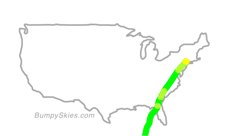 Map of continental US with illustrated flight path and turbulence forecast (described in text below)