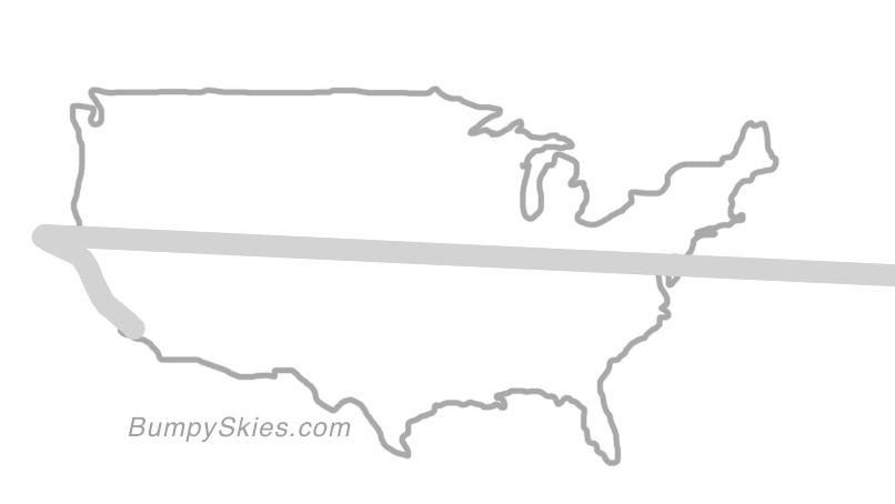 Map of continental US with illustrated flight path and turbulence forecast (described in text below)