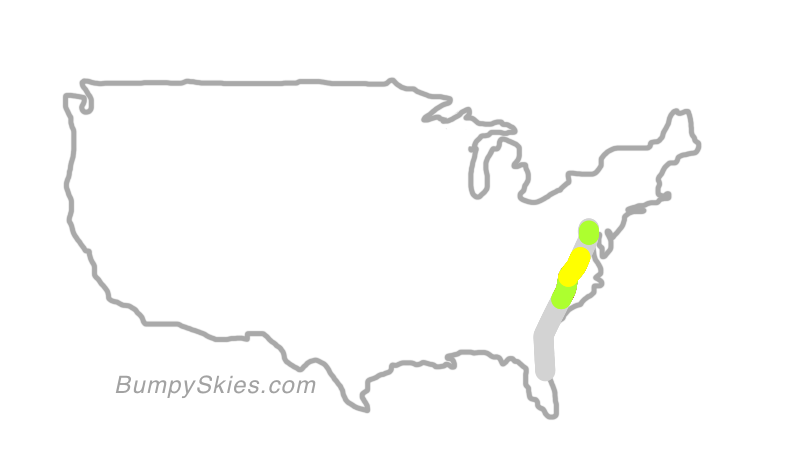 Map of continental US with illustrated flight path and turbulence forecast (described in text below)