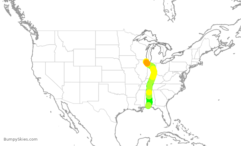 Turbulence forecast map for UAL2005, PNS to ORD