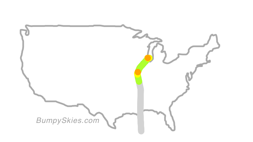 Map of continental US with illustrated flight path and turbulence forecast (described in text below)