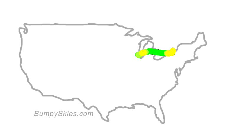 Map of continental US with illustrated flight path and turbulence forecast (described in text below)