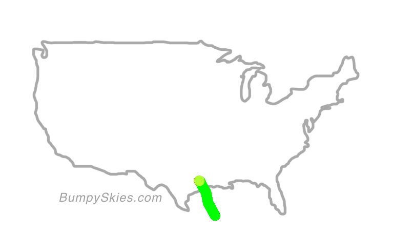 Map of continental US with illustrated flight path and turbulence forecast (described in text below)