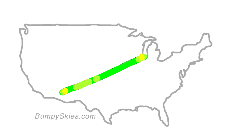 Map of continental US with illustrated flight path and turbulence forecast (described in text below)