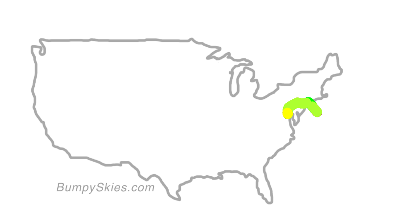 Map of continental US with illustrated flight path and turbulence forecast (described in text below)