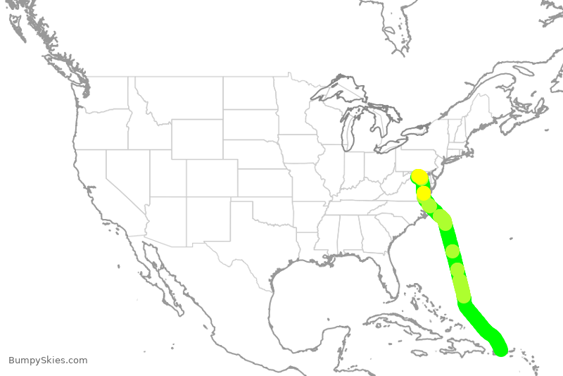 Turbulence forecast map for UAL2025, IAD to JSJ