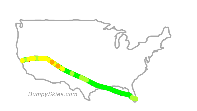 Map of continental US with illustrated flight path and turbulence forecast (described in text below)