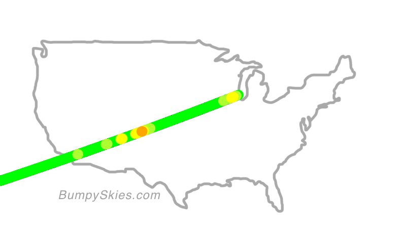 Map of continental US with illustrated flight path and turbulence forecast (described in text below)