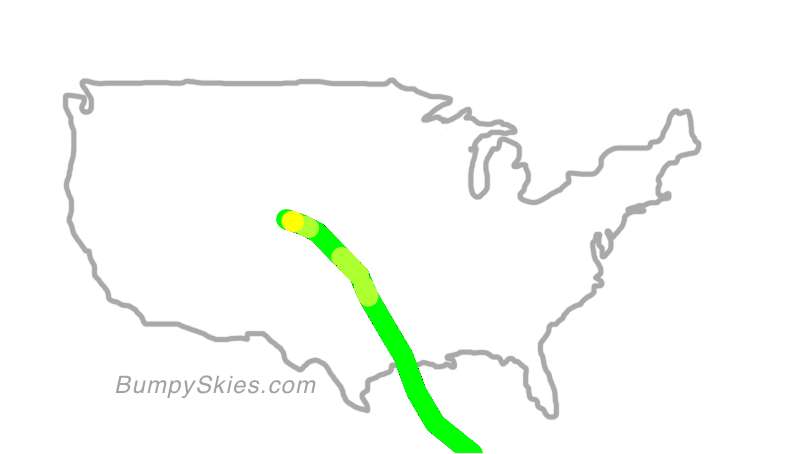 Map of continental US with illustrated flight path and turbulence forecast (described in text below)