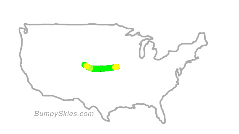 Map of continental US with illustrated flight path and turbulence forecast (described in text below)