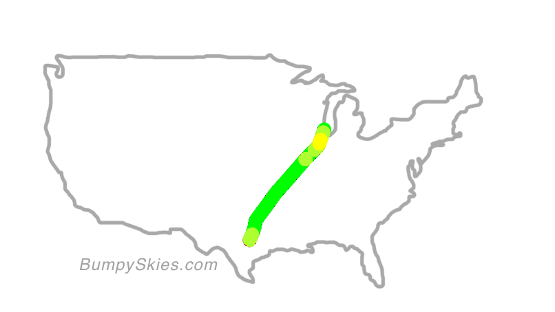 Map of continental US with illustrated flight path and turbulence forecast (described in text below)