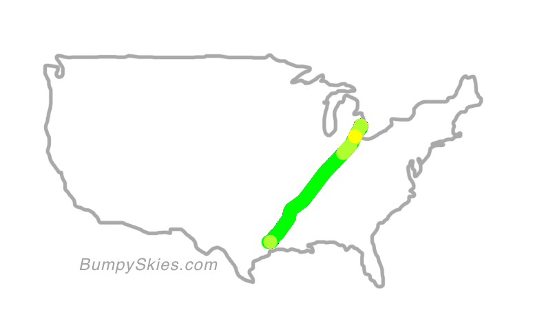 Map of continental US with illustrated flight path and turbulence forecast (described in text below)