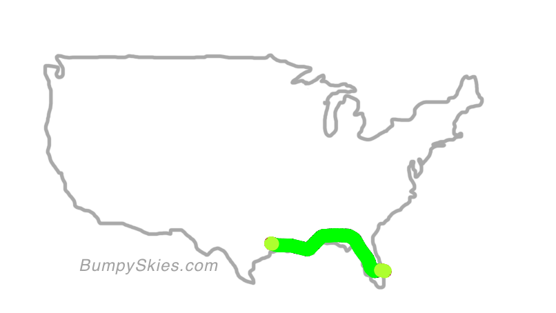 Map of continental US with illustrated flight path and turbulence forecast (described in text below)