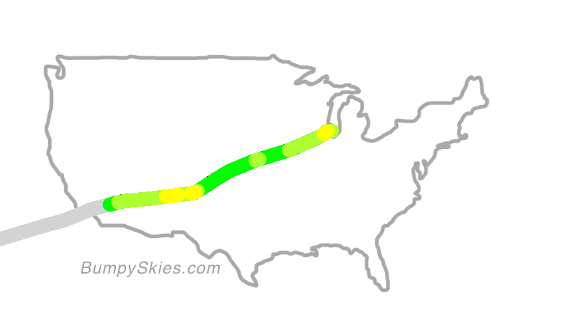 Map of continental US with illustrated flight path and turbulence forecast (described in text below)