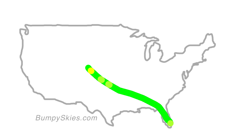 Map of continental US with illustrated flight path and turbulence forecast (described in text below)