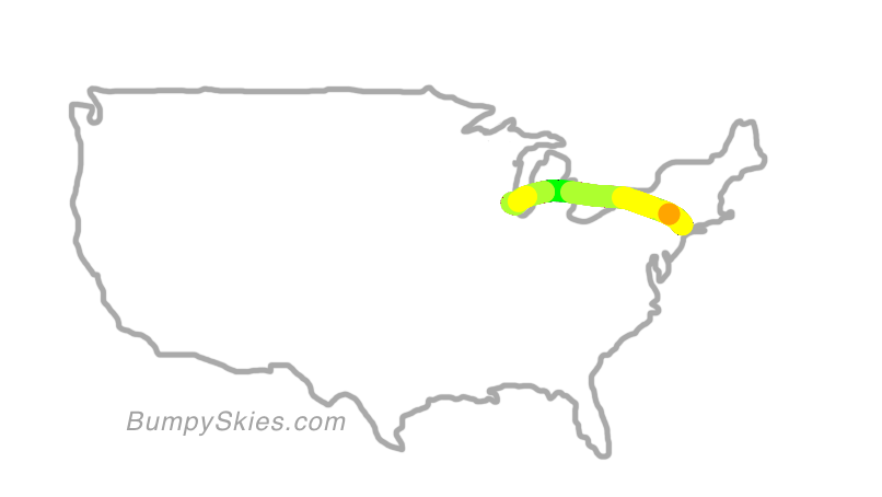 Map of continental US with illustrated flight path and turbulence forecast (described in text below)