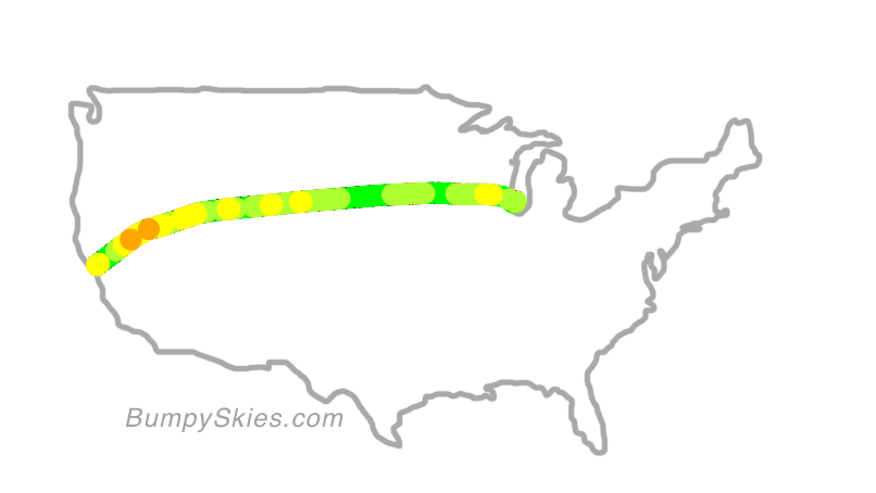Map of continental US with illustrated flight path and turbulence forecast (described in text below)