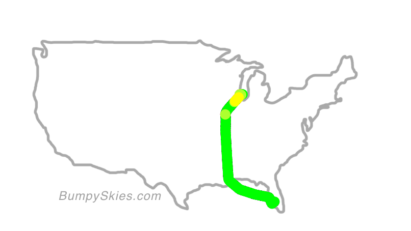 Map of continental US with illustrated flight path and turbulence forecast (described in text below)