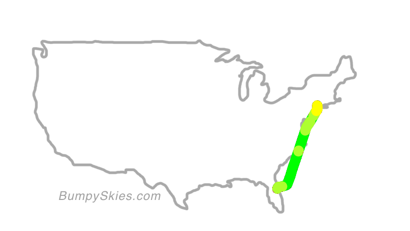 Map of continental US with illustrated flight path and turbulence forecast (described in text below)