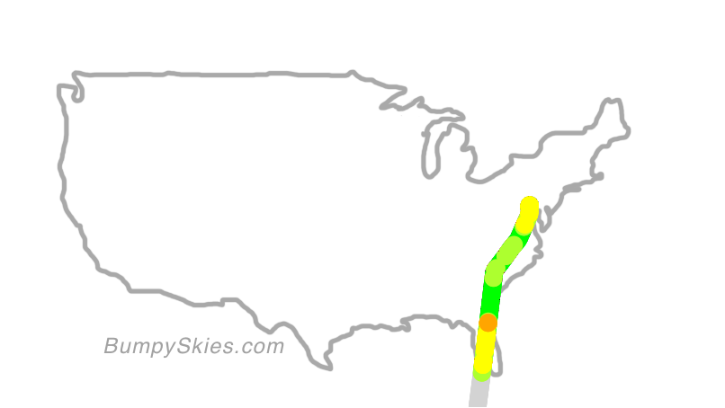 Map of continental US with illustrated flight path and turbulence forecast (described in text below)