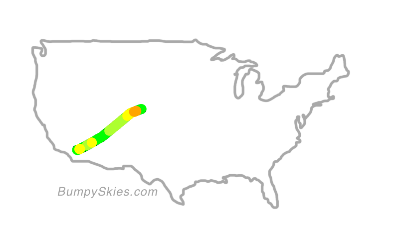 Map of continental US with illustrated flight path and turbulence forecast (described in text below)