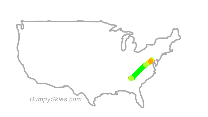 Map of continental US with illustrated flight path and turbulence forecast (described in text below)