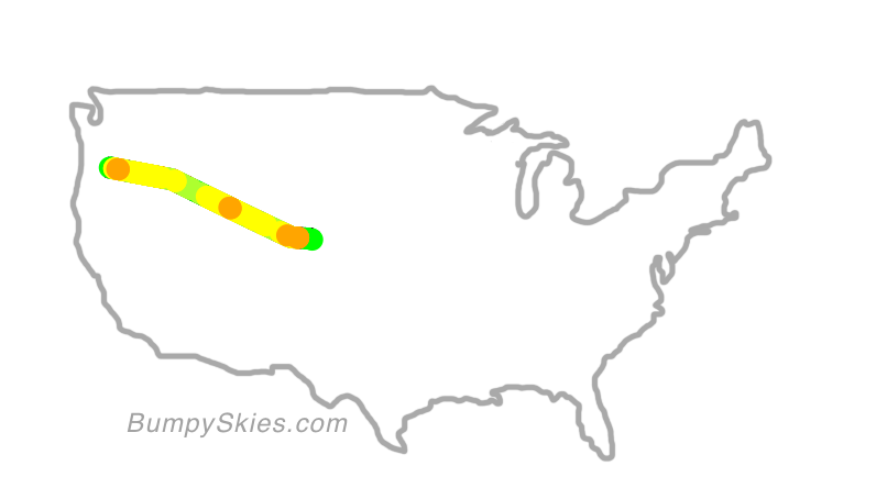 Map of continental US with illustrated flight path and turbulence forecast (described in text below)