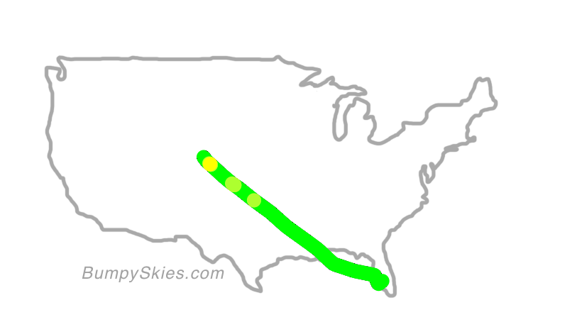 Map of continental US with illustrated flight path and turbulence forecast (described in text below)