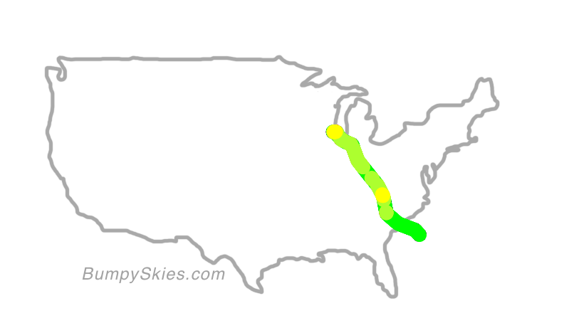 Map of continental US with illustrated flight path and turbulence forecast (described in text below)